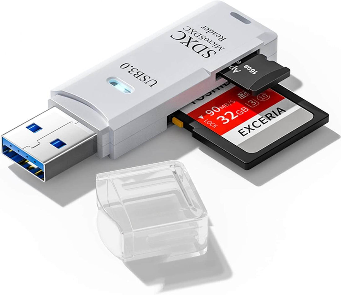 USB 3.0 SD Card Reader dual slot adapter with microSD and SDXC card inserted.