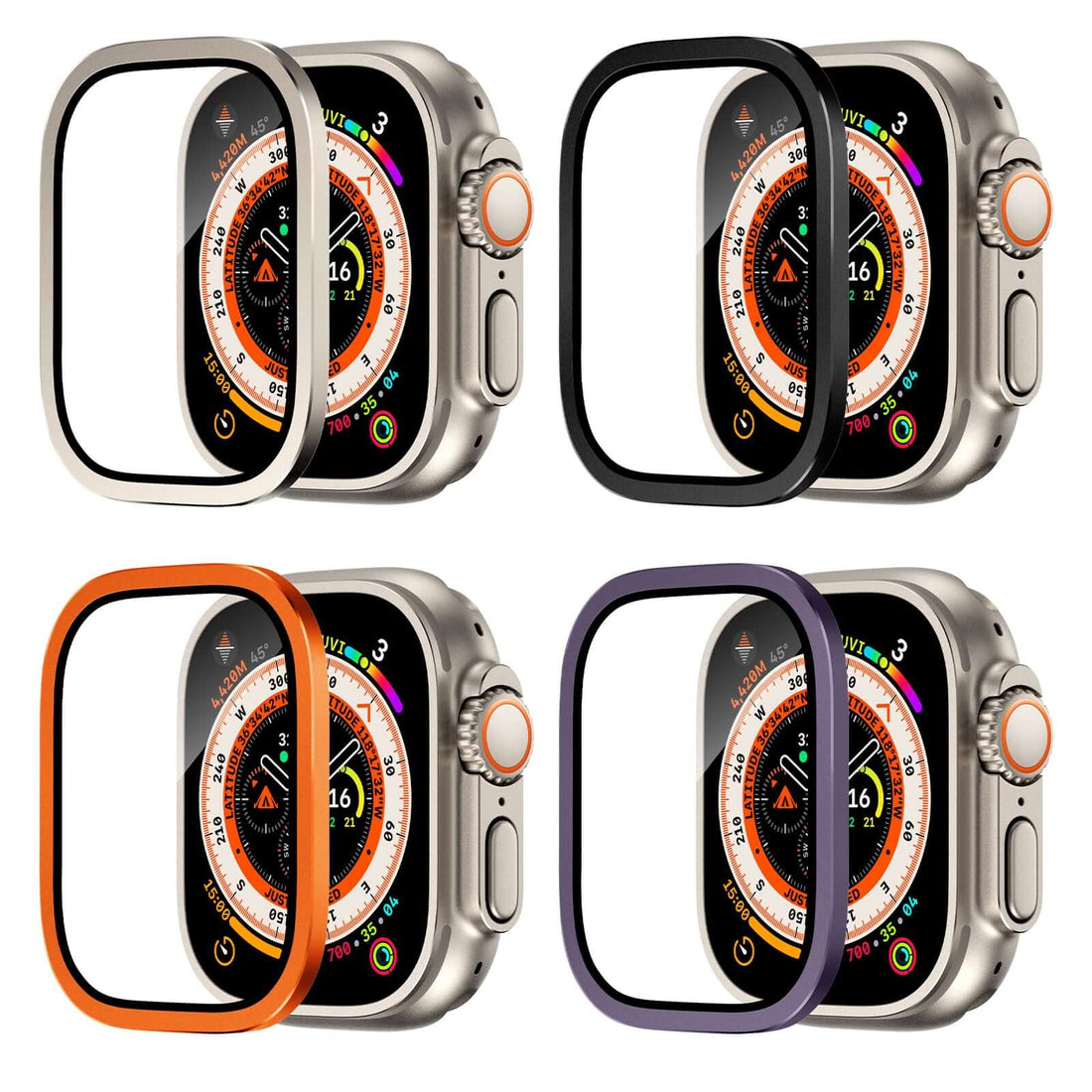 Set of four Apple Watch screen protectors with different colored frames on a white background