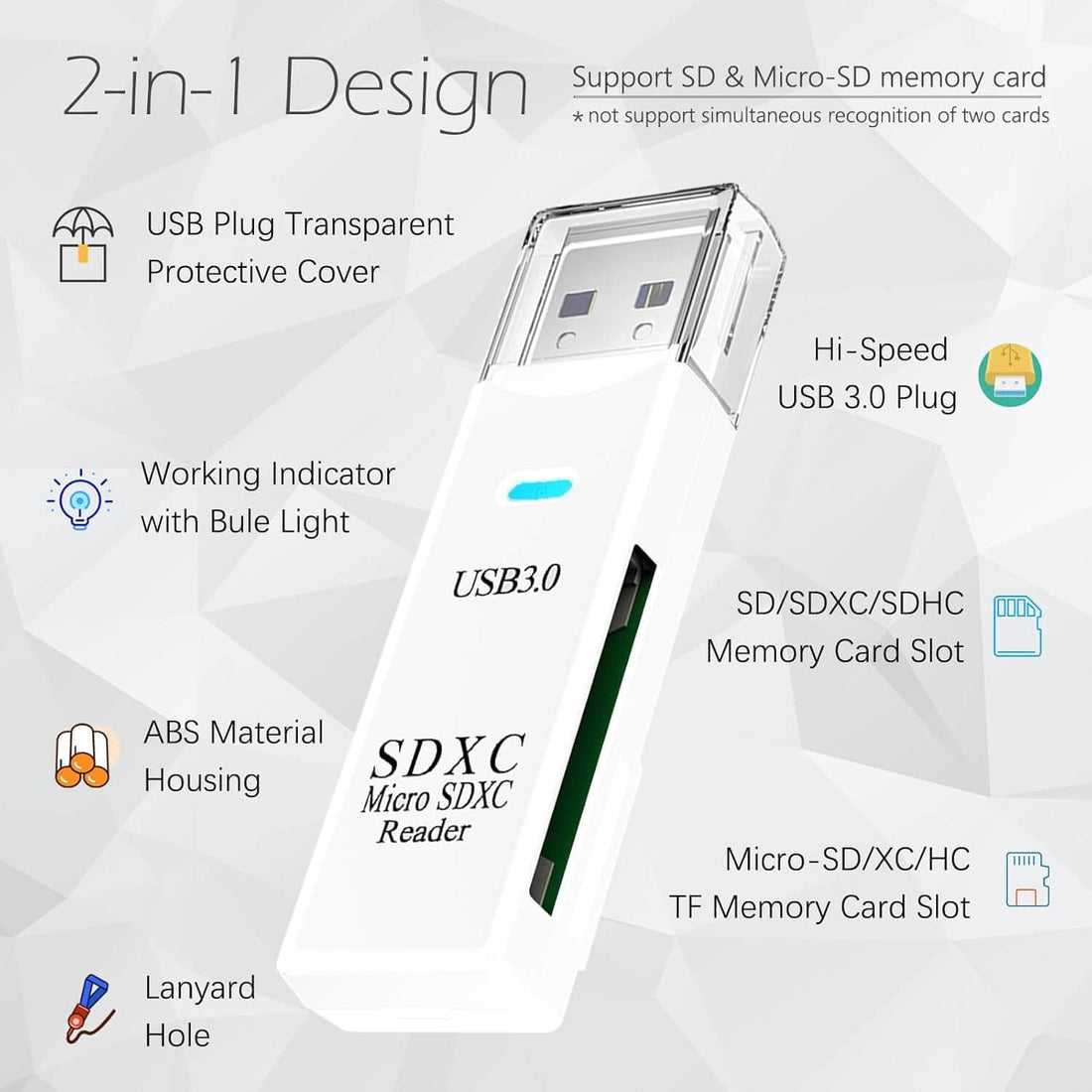 USB 3.0 SD Card Reader dual slot adapter with microSD and SDXC card inserted.