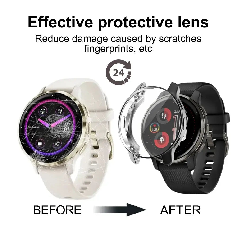 AXYON® Tempered Glass and PC Bumper Cases for Garmin Venu 3 smartwatch shown in multiple colors, displaying screen protector and side protection features.