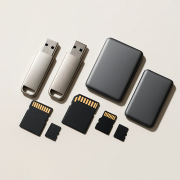 Collection of USB drives and memory cards on a light background
