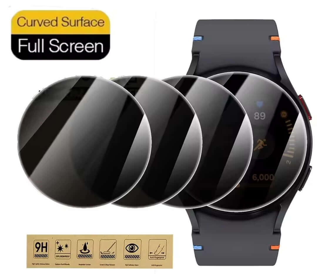 Smartwatch with screen protectors and a box labeled 'Glass Screen Pro' on a white background
