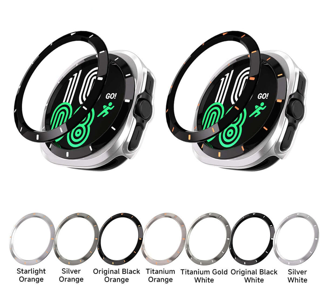 Smartwatch with a black ring case and color options displayed below.