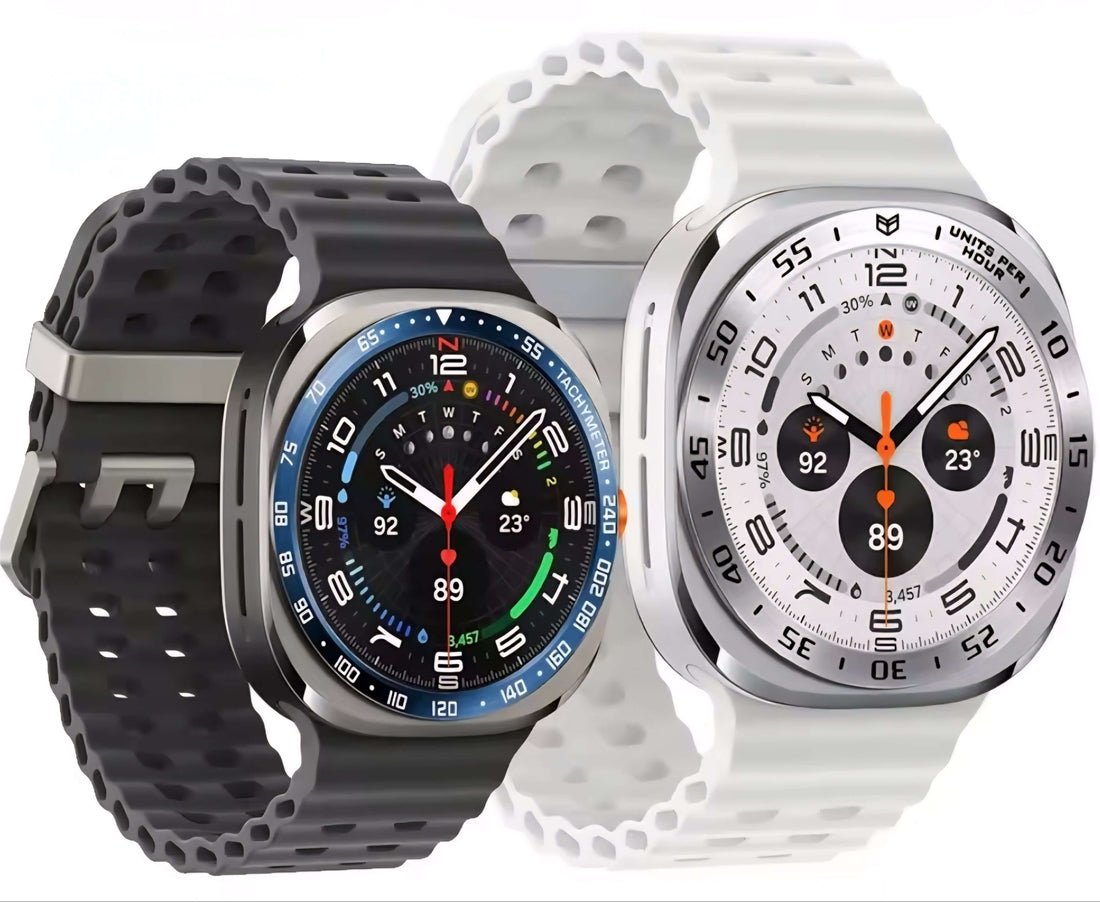 Two smartwatches with different design styles on a white background