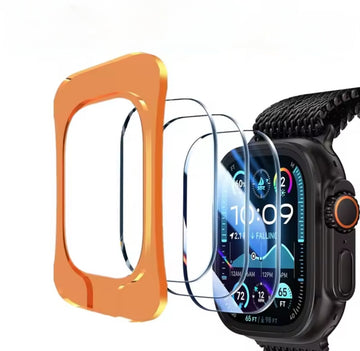 Smartwatch with orange case and screen protector on a white background