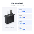 Travel adapter size: 32 mm wide, 24 mm high, 14 mm deep, with 17 mm pins
