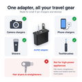 Travel adapter works with camera chargers, phone chargers, shavers and toothbrushes; not for hair dryers or straighteners