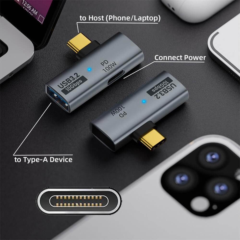 2-in-1 USB C to USB 3.2 adapter with 100W charging port, showcasing connections for devices and power.