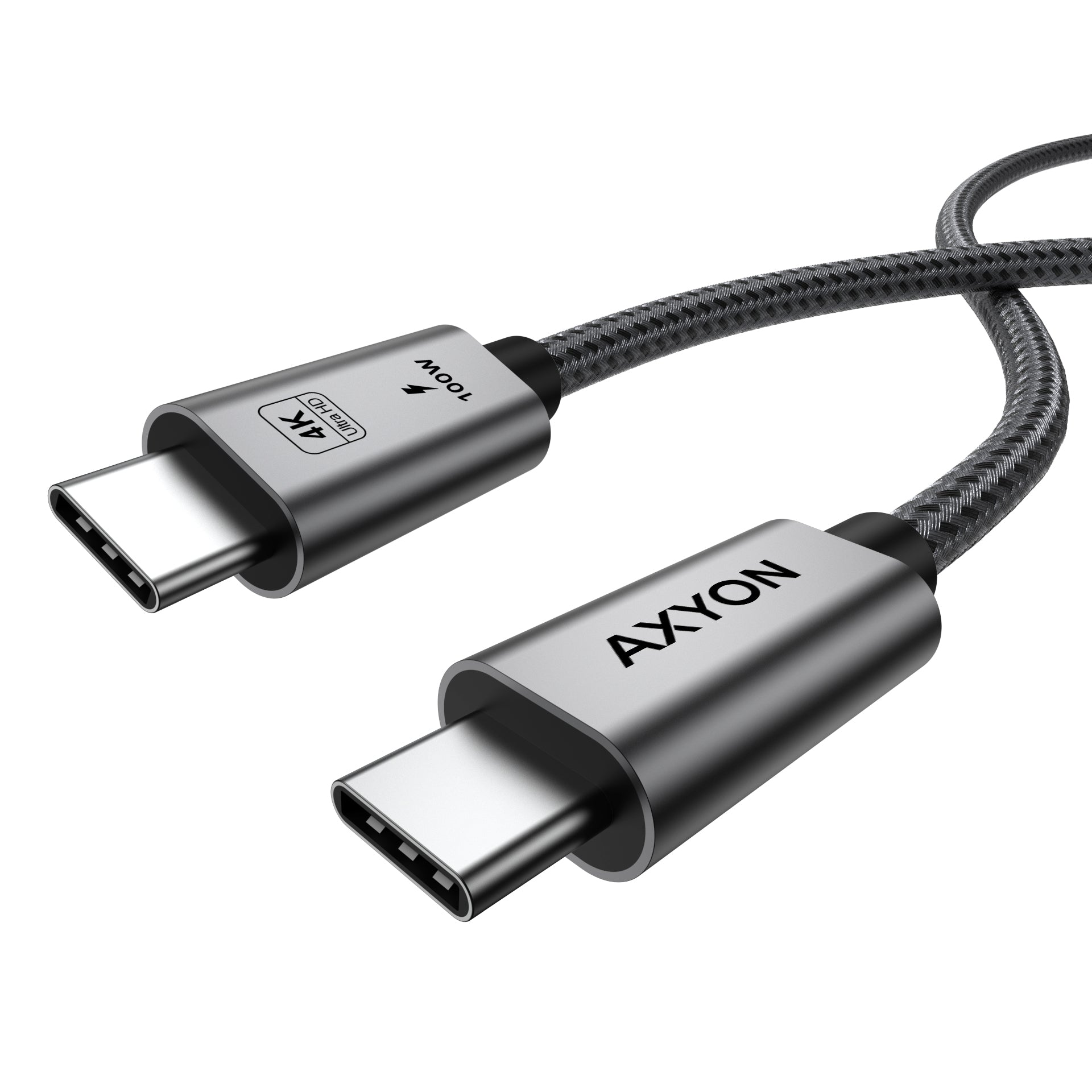 Two USB-C connectors on a braided cable against a white background