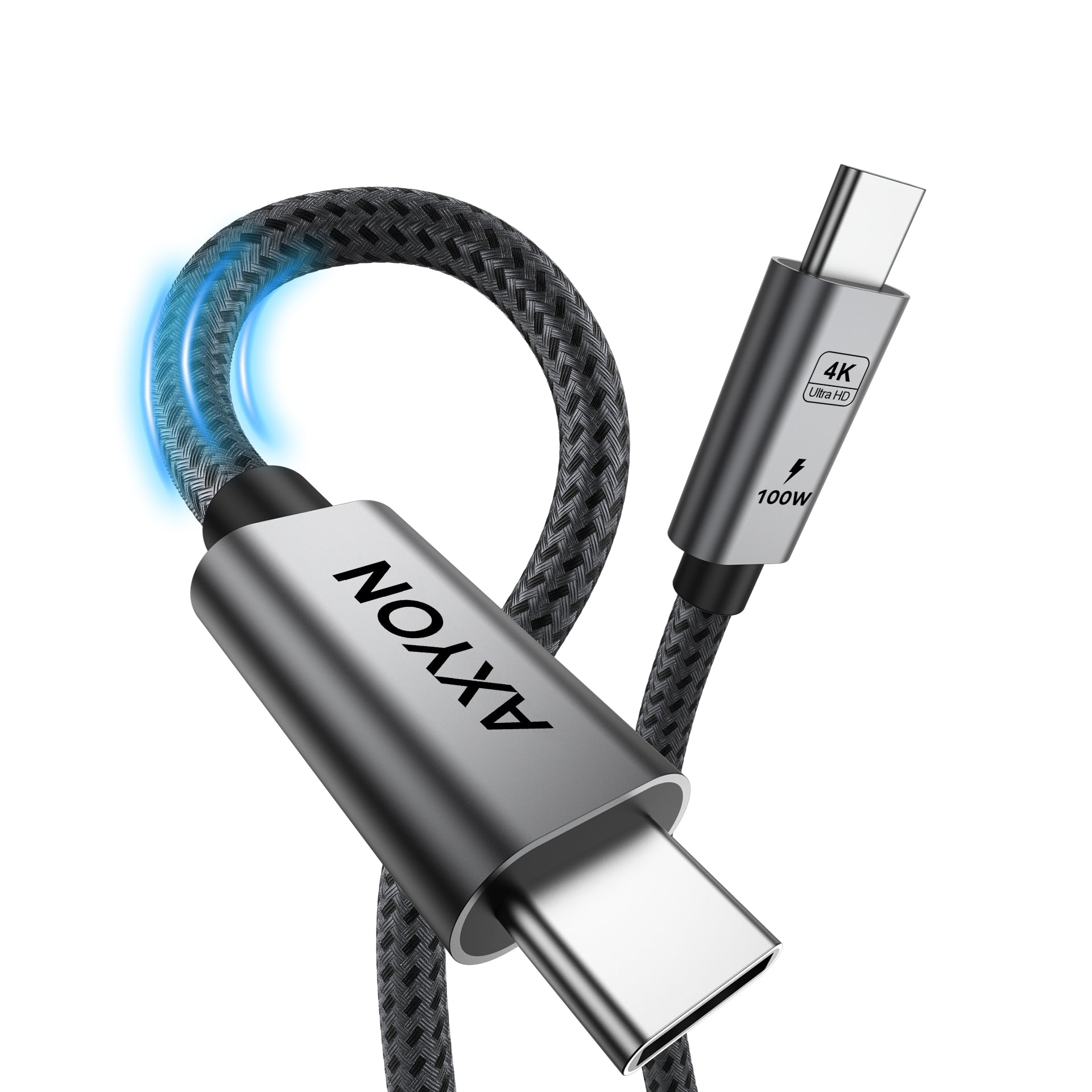Silver USB-C cable with braided design on a white background