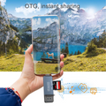 Person holding an Android smartphone with the AXYON USB-C OTG card reader plugged in, demonstrating instant photo sharing and 5Gbps transfers of landscape photography