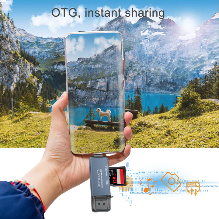 Person holding an Android smartphone with the AXYON USB-C OTG card reader plugged in, demonstrating instant photo sharing and 5Gbps transfers of landscape photography