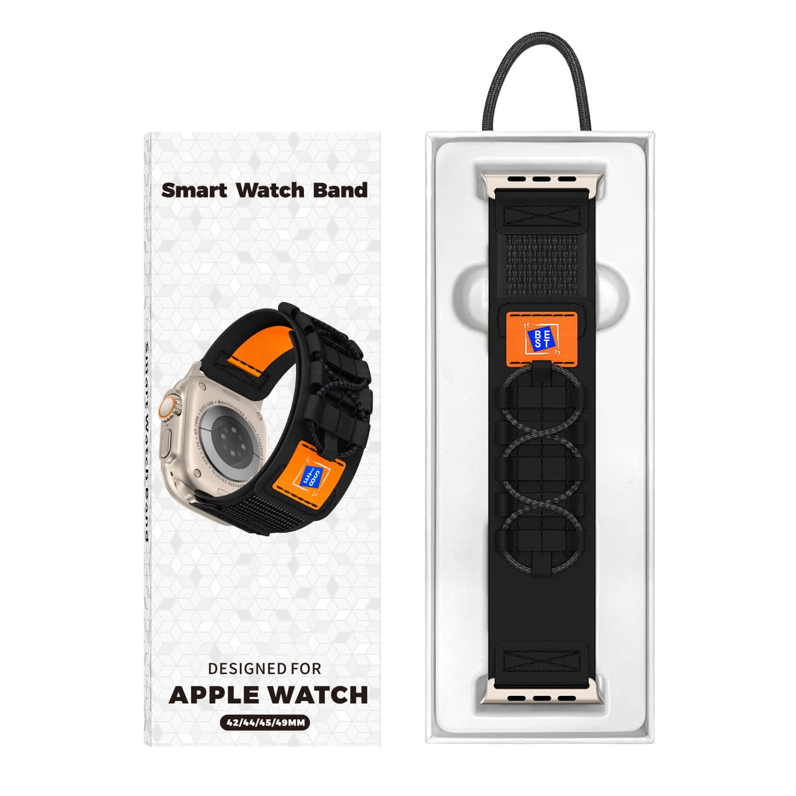 Smart watch band packaging for Apple Watch with black band and orange accents.