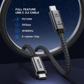 USB C 3.2 cable with features listed on a dark background