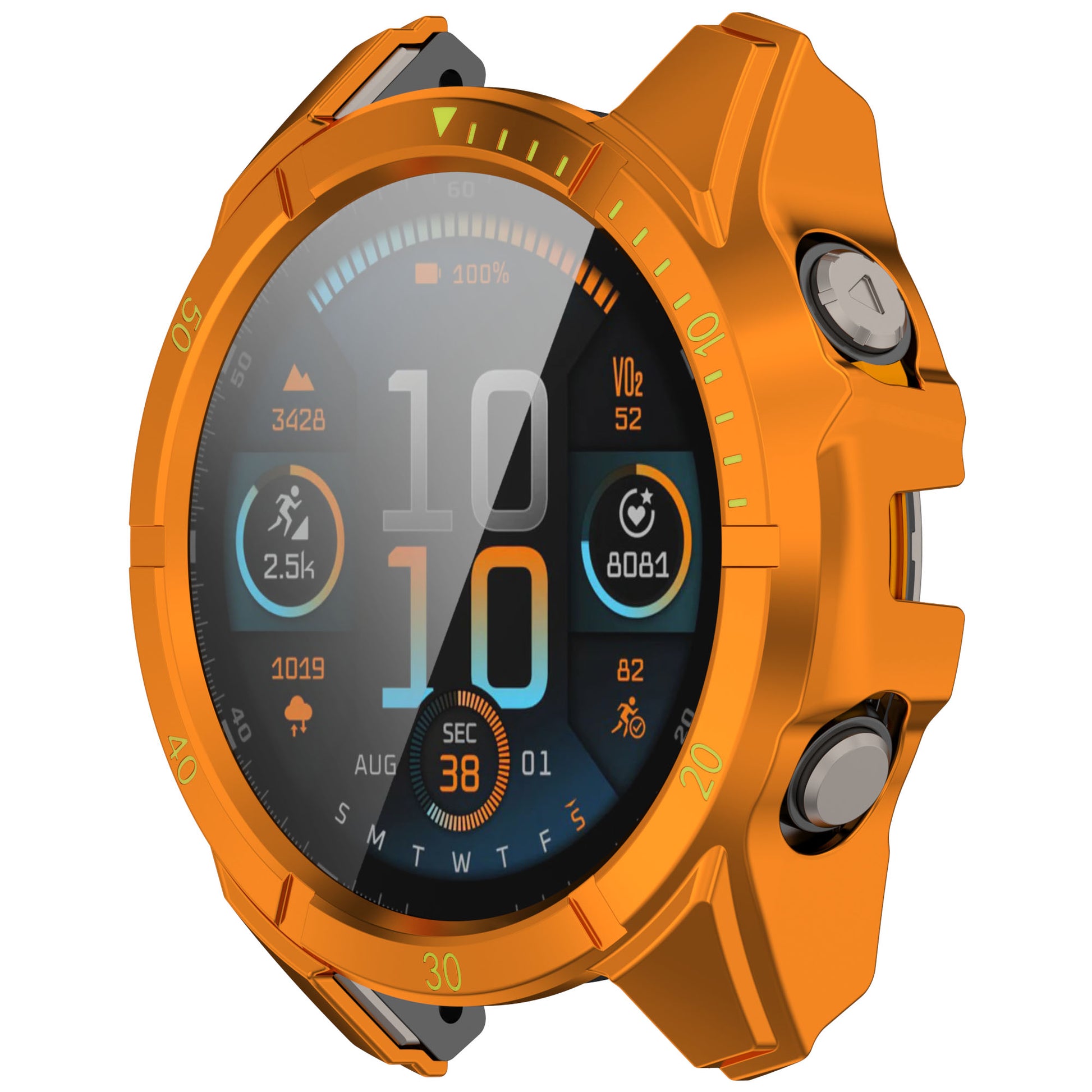 Garmin Fenix 8 Solar with Orange case installed.