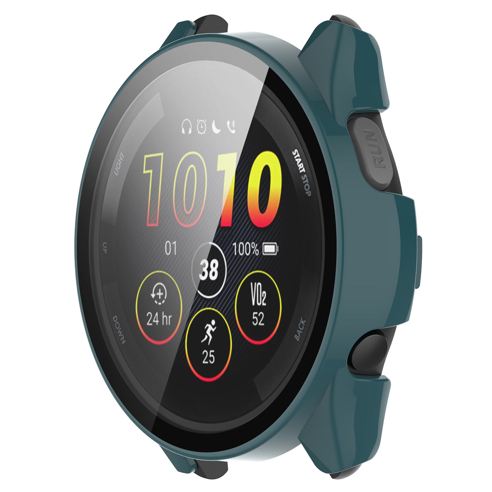 Garmin Forerunner 265 with green protective case installed