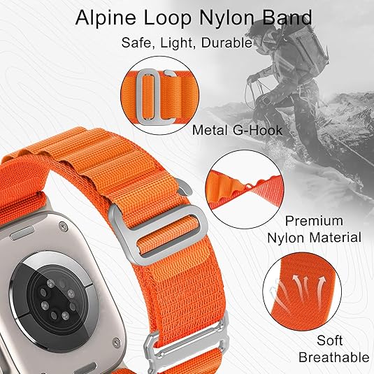 Orange watch band with metal G-hook on a white background, featuring text about safety, lightness, durability, and material.