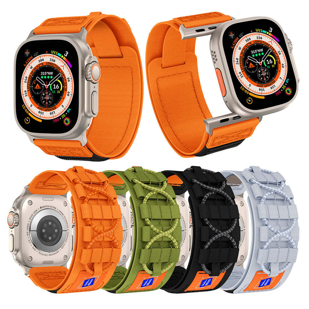 Collection of smartwatches with various orange straps on a white background