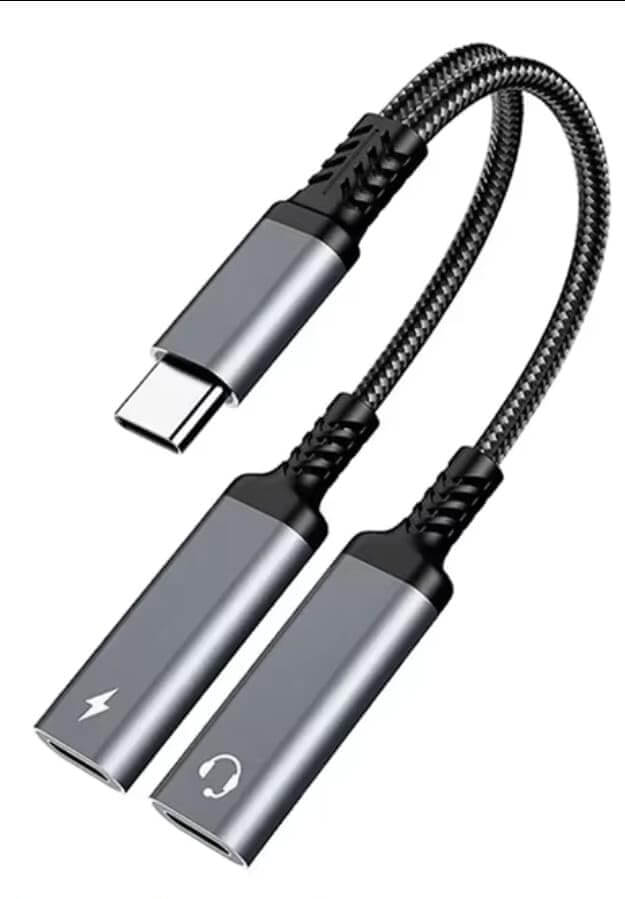 USB C splitter with two outputs for charging and audio, featuring a durable braided design.