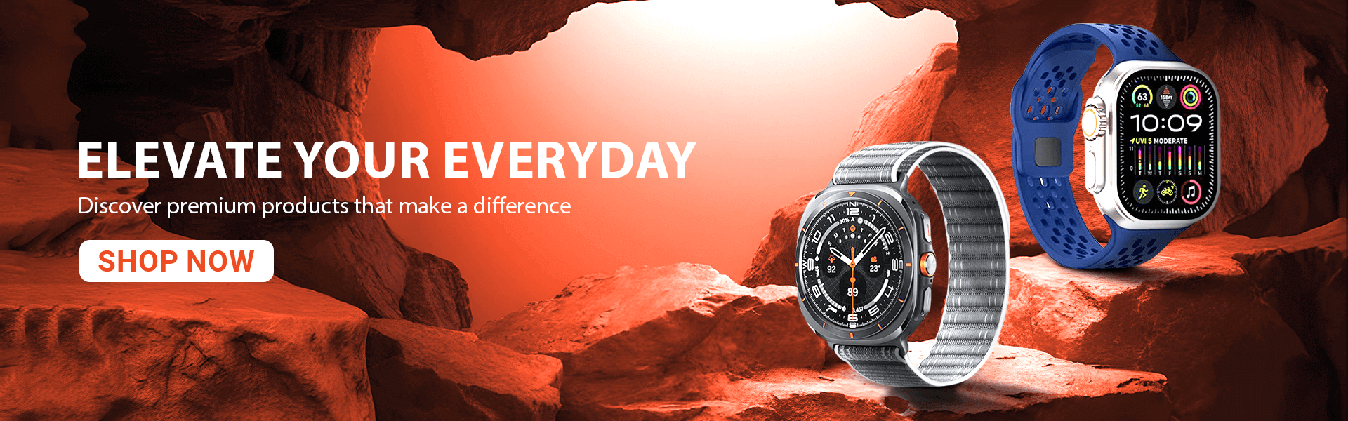 Two smartwatches on a rocky surface with promotional text.1621243260e1af0c20-0