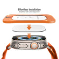 Smartwatch with orange band being installed onto a white background
