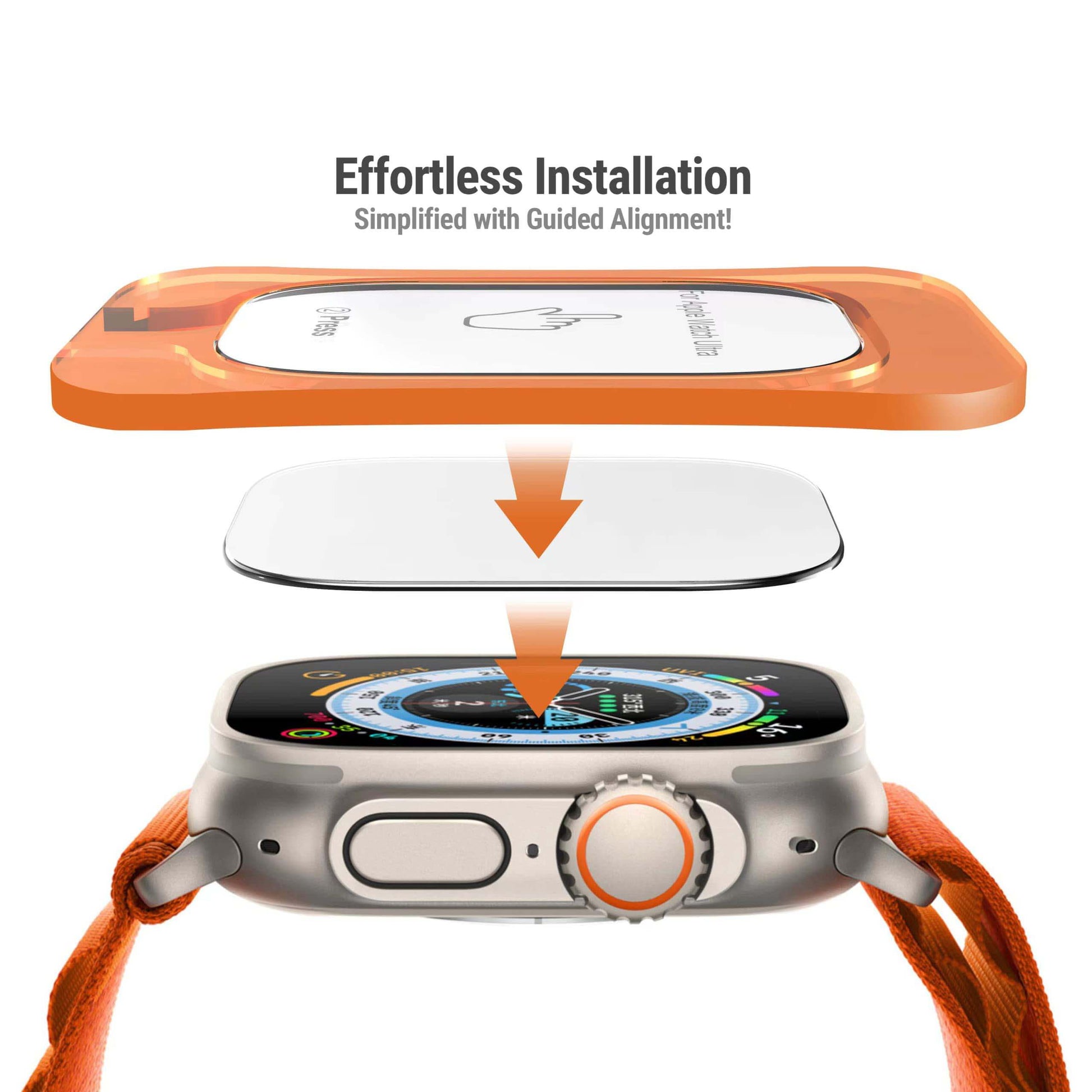 Smartwatch with orange band being installed onto a white background