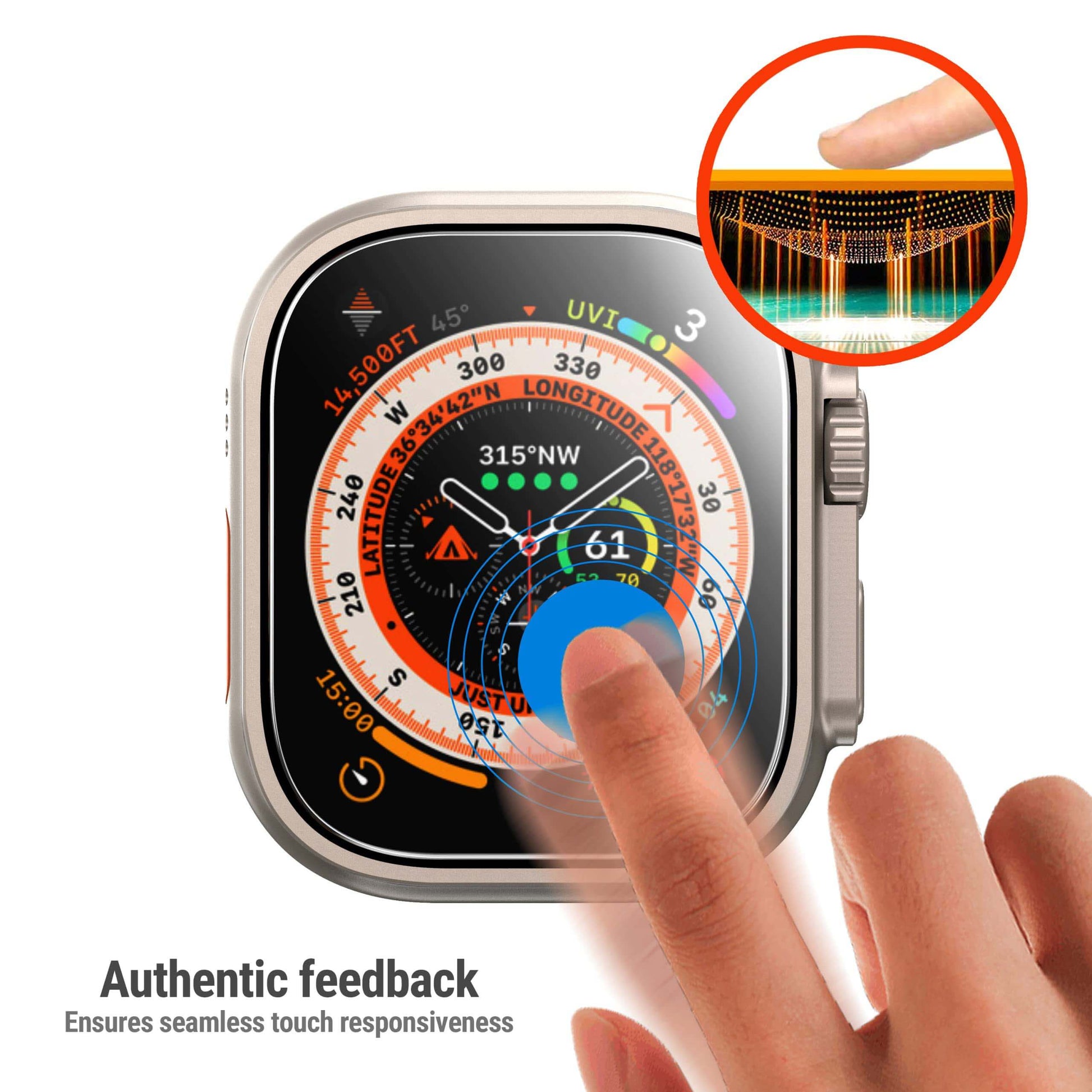 Smartwatch with a colorful display and a finger touching the screen, emphasizing touch responsiveness.