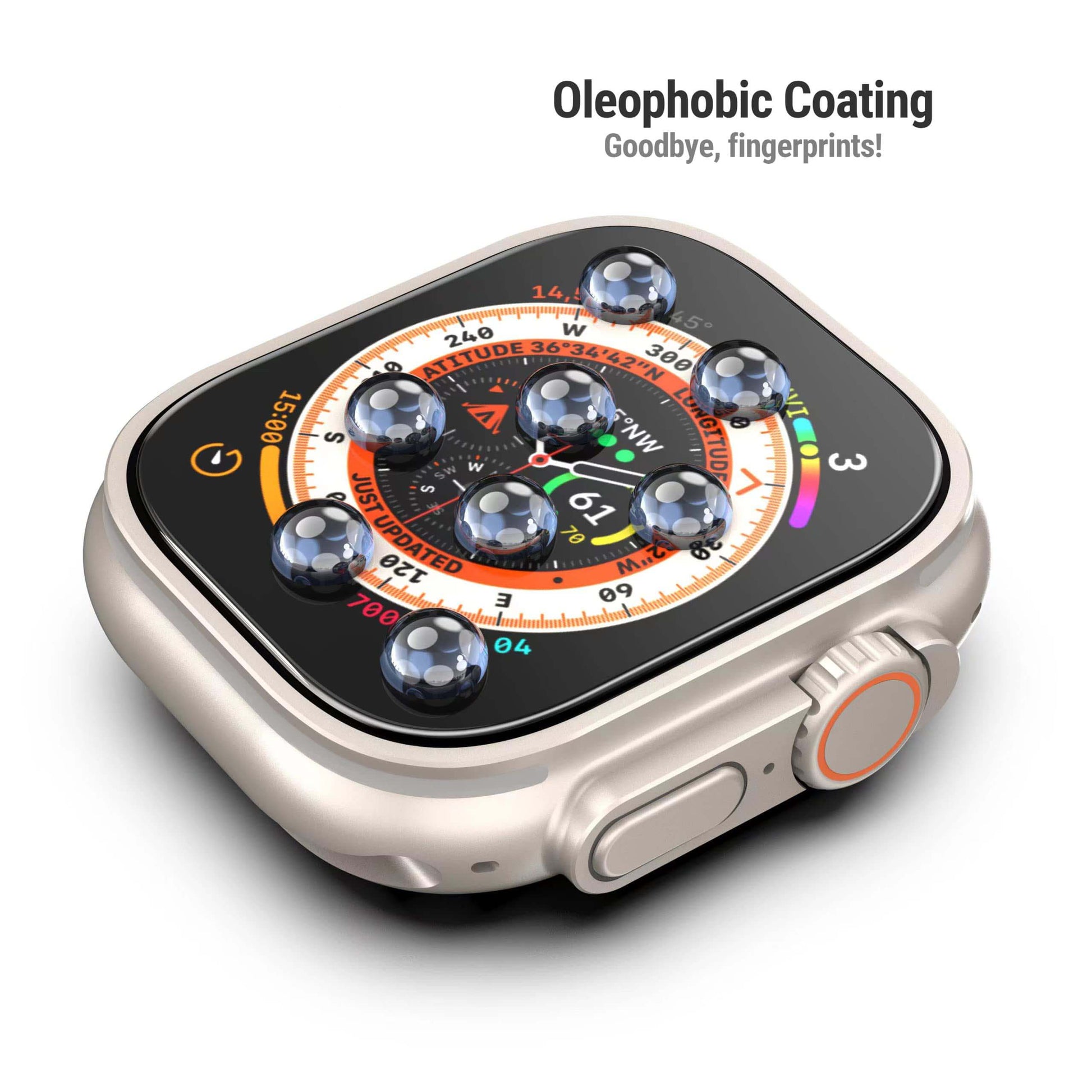 Smartwatch with oleophobic coating feature on a white background
