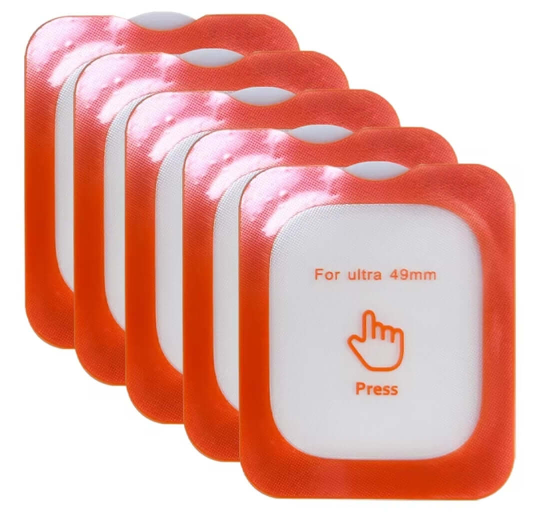 Set of red and white electronic devices with a 'Press' button on a white background