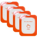 Set of four orange adhesive strips with white labels on a white background