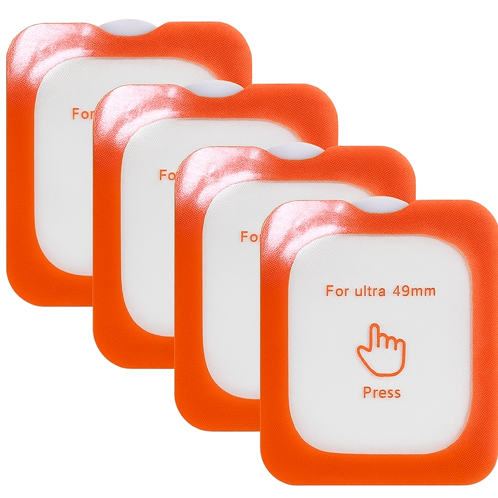 Set of four orange adhesive strips with white labels on a white background