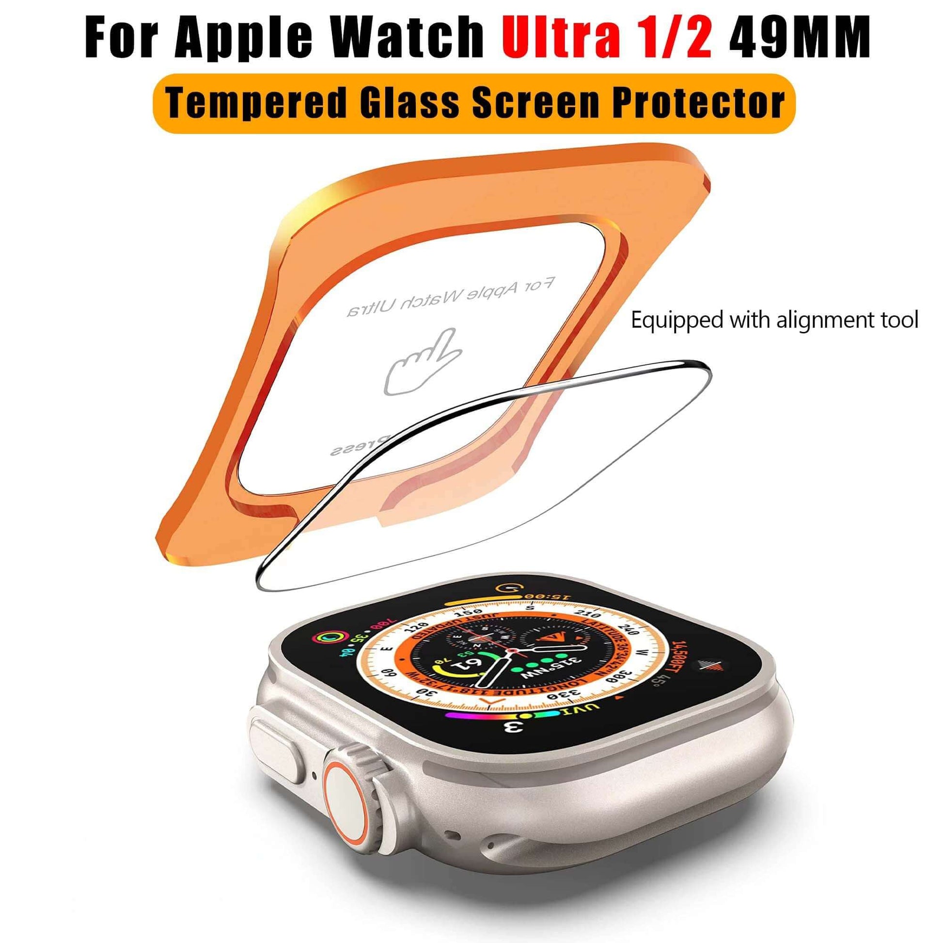 Tempered glass screen protector for Apple Watch Ultra 1/2 49MM with alignment tool on a white background