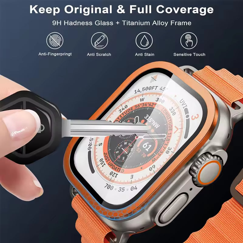 Smartwatch with protective case being applied, featuring text about product features.
