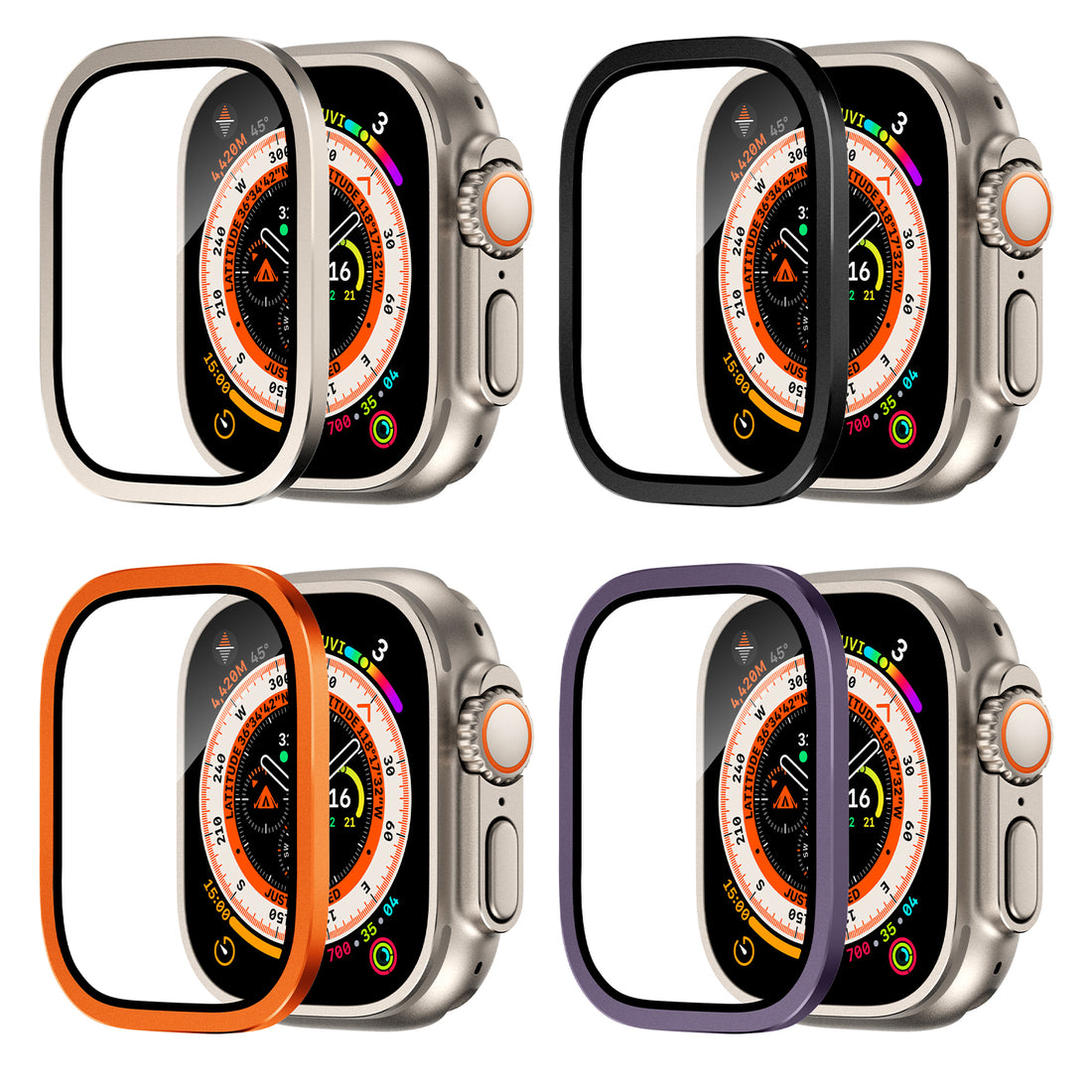 Set of four Apple Watch screen protectors with different colored frames on a white background