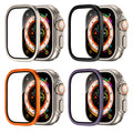 Set of four Apple Watch screen protectors with different colored frames on a white background