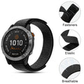 Smartwatch with black band and inset images showing fasteners, elastic, and breathability.