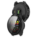 Black smartwatch with a colorful display on a white background