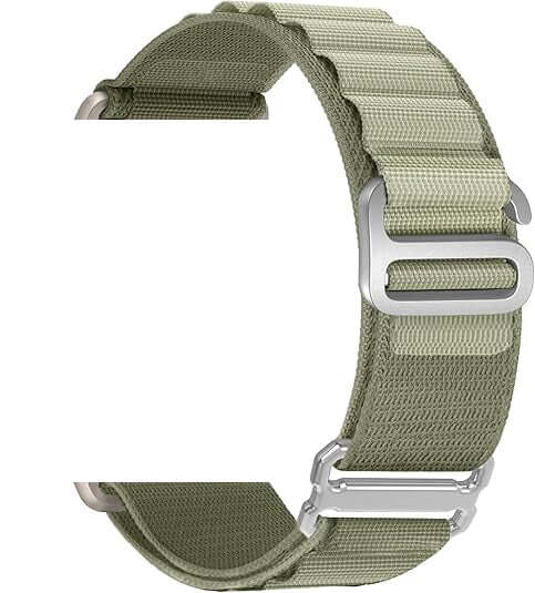 Green watch strap with silver buckle on a white background