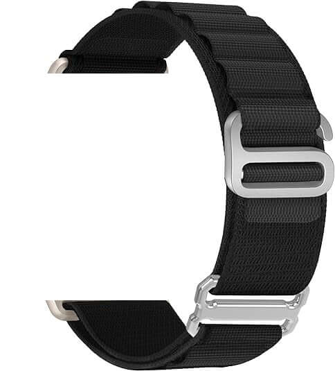 Black watch strap with silver buckle on a white background