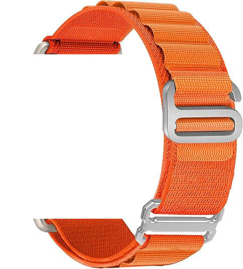 Orange watch strap with silver buckle on a white background