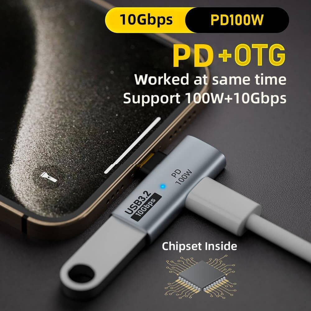 USB C to USB 3.2 adapter showcasing 10Gbps data transfer and 100W charging support, designed for various devices.