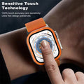Smartwatch with orange band on wrist, displaying sensitive touch technology features.