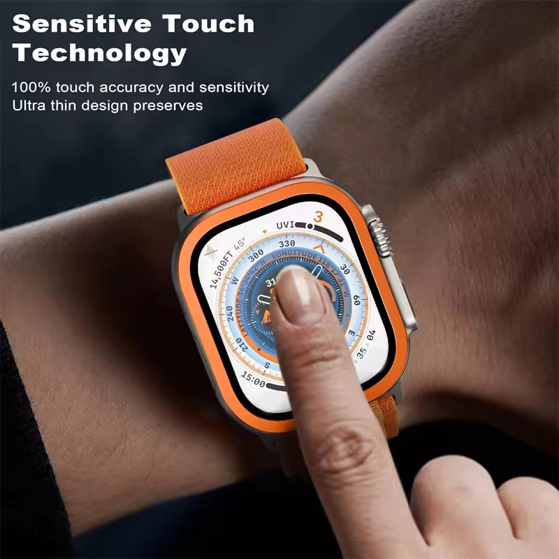 Smartwatch with orange band on wrist, displaying sensitive touch technology features.