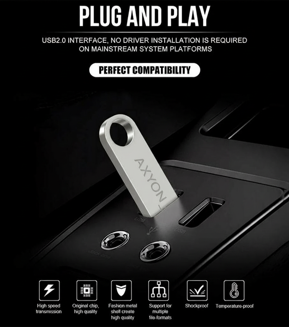 USB flash drive being inserted into a USB port with compatibility text and icons on a black background.