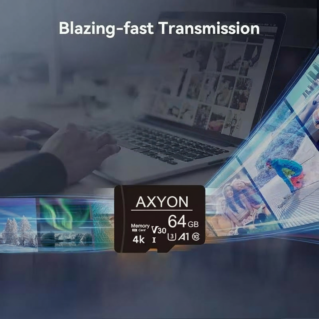 AXYON 64GB memory card with a blurred background of a laptop and images.