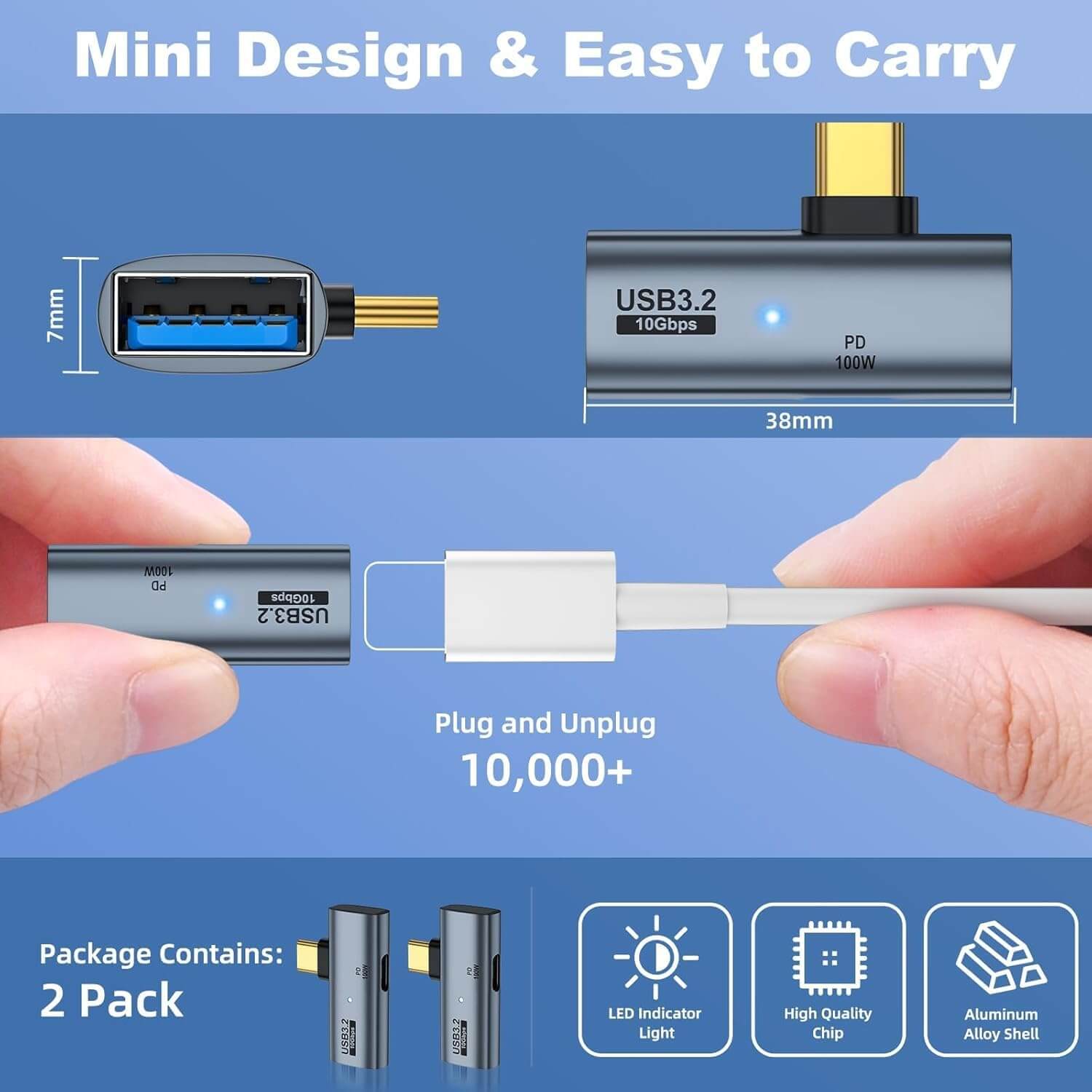 2-in-1 USB C to USB Adapter 100W Charging OTG 2-Pack | AXYON Mini Design Details