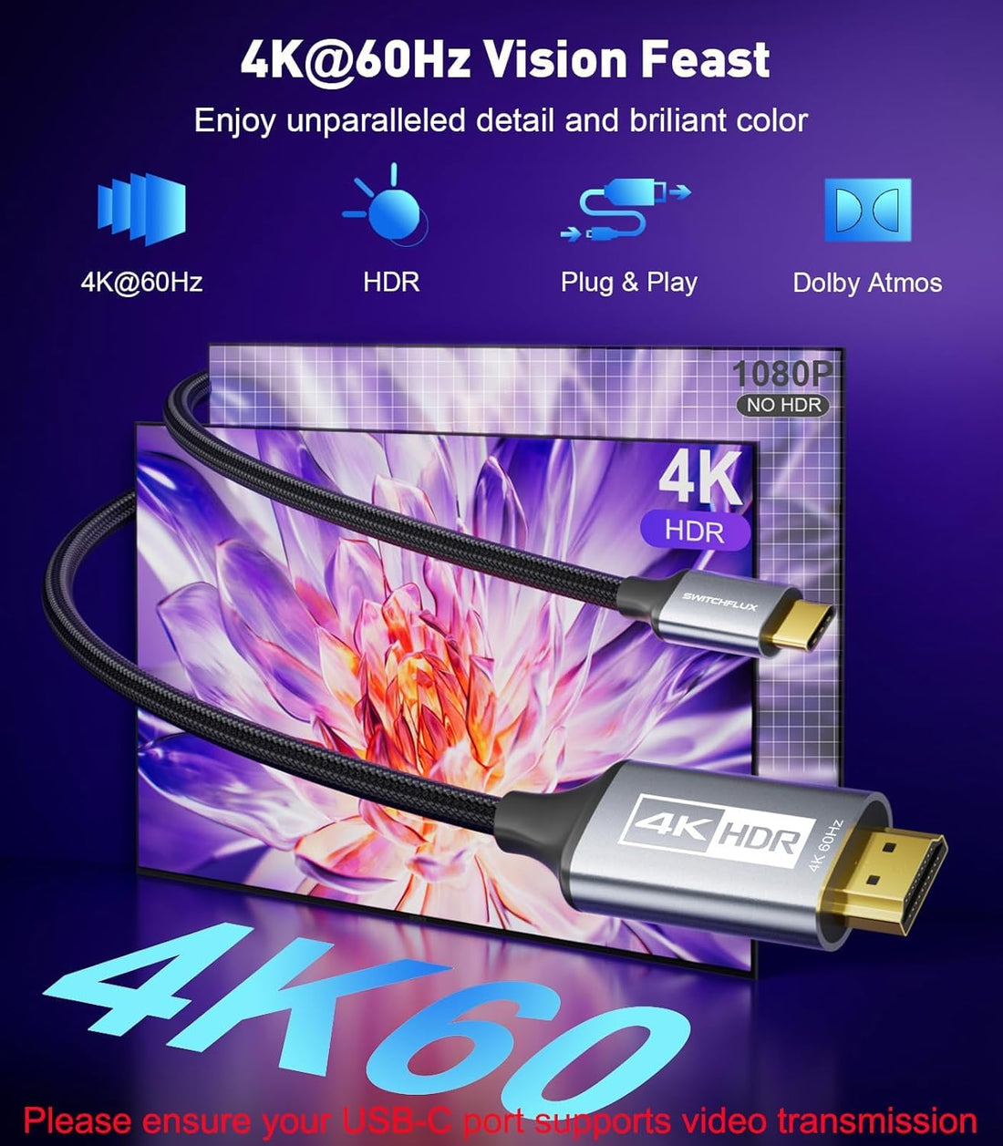 4K USBC to HDMI Cable 6Ft 60Hz Braided Adapter | AXYON Black