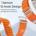 Orange strap with metal G-hook design on a light gray background