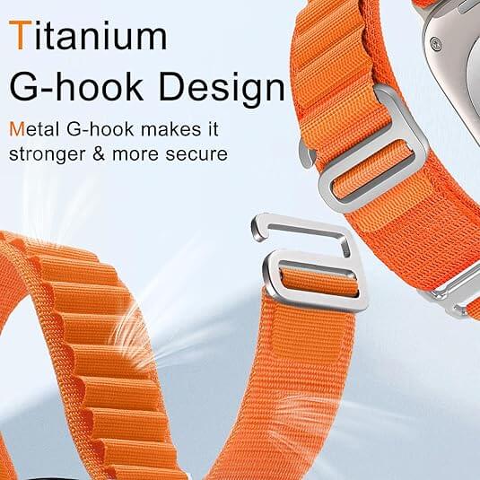 Orange strap with metal G-hook design on a light gray background