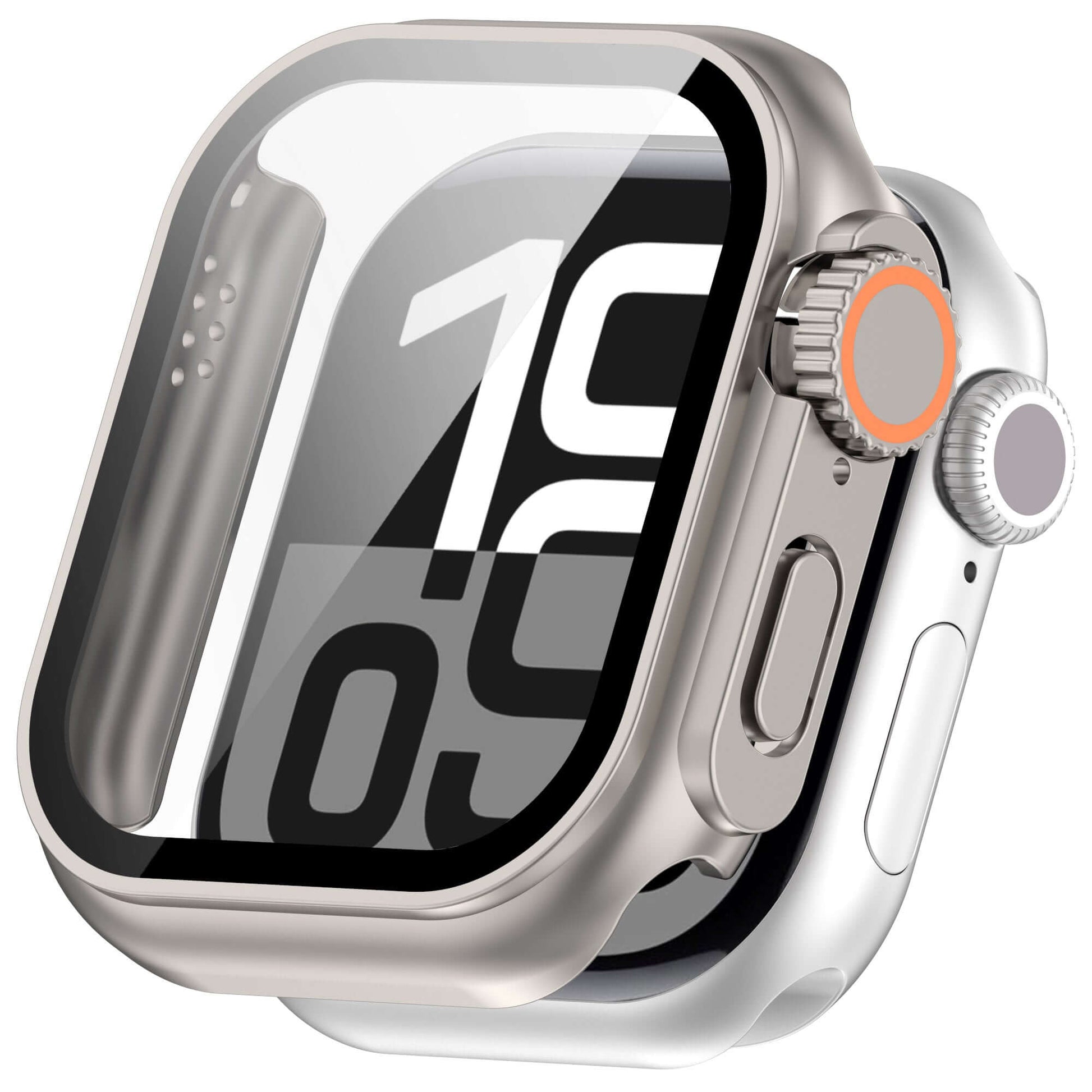 Silver smartwatch with a digital display on a white background